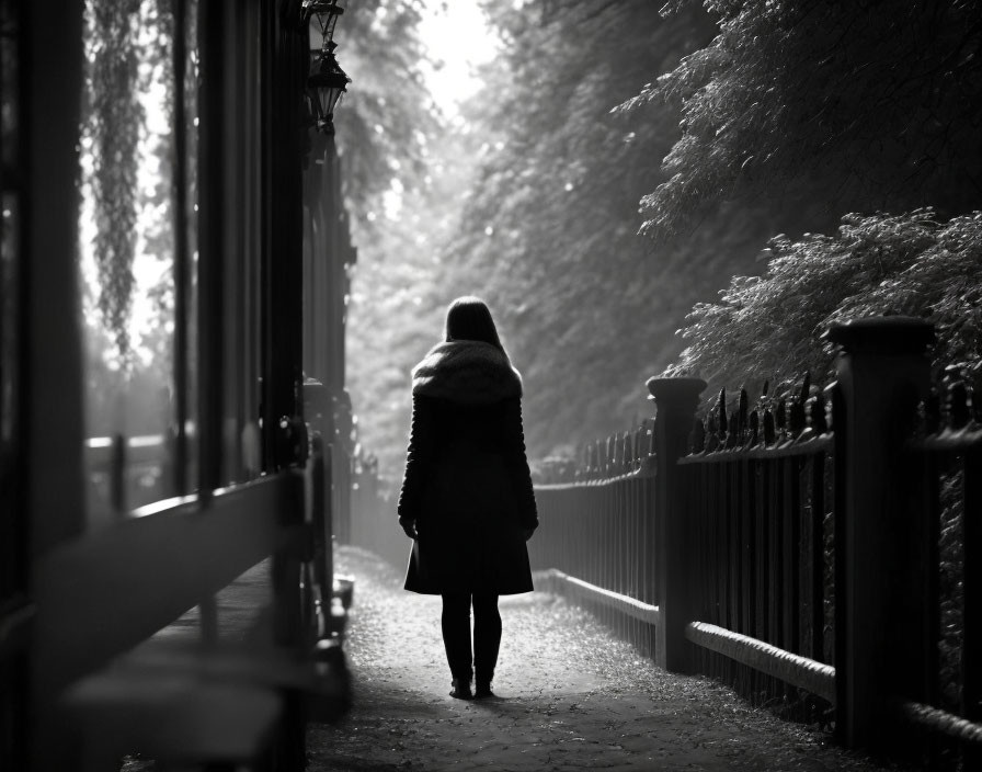 Person walking on misty street with trees and fence in moody monochrome scene