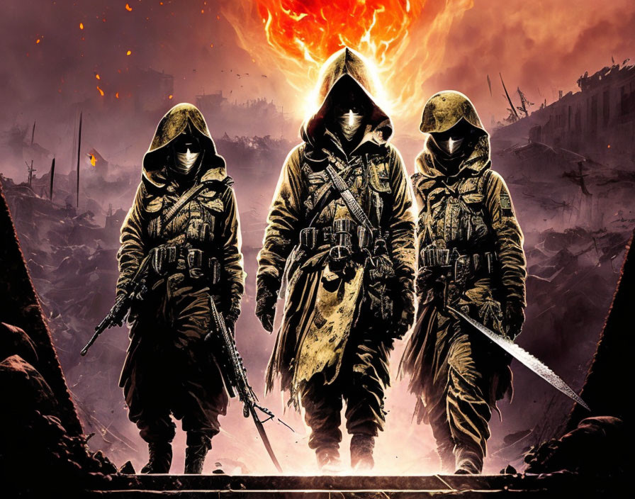 Three hooded figures in military gear face inferno with weapons drawn