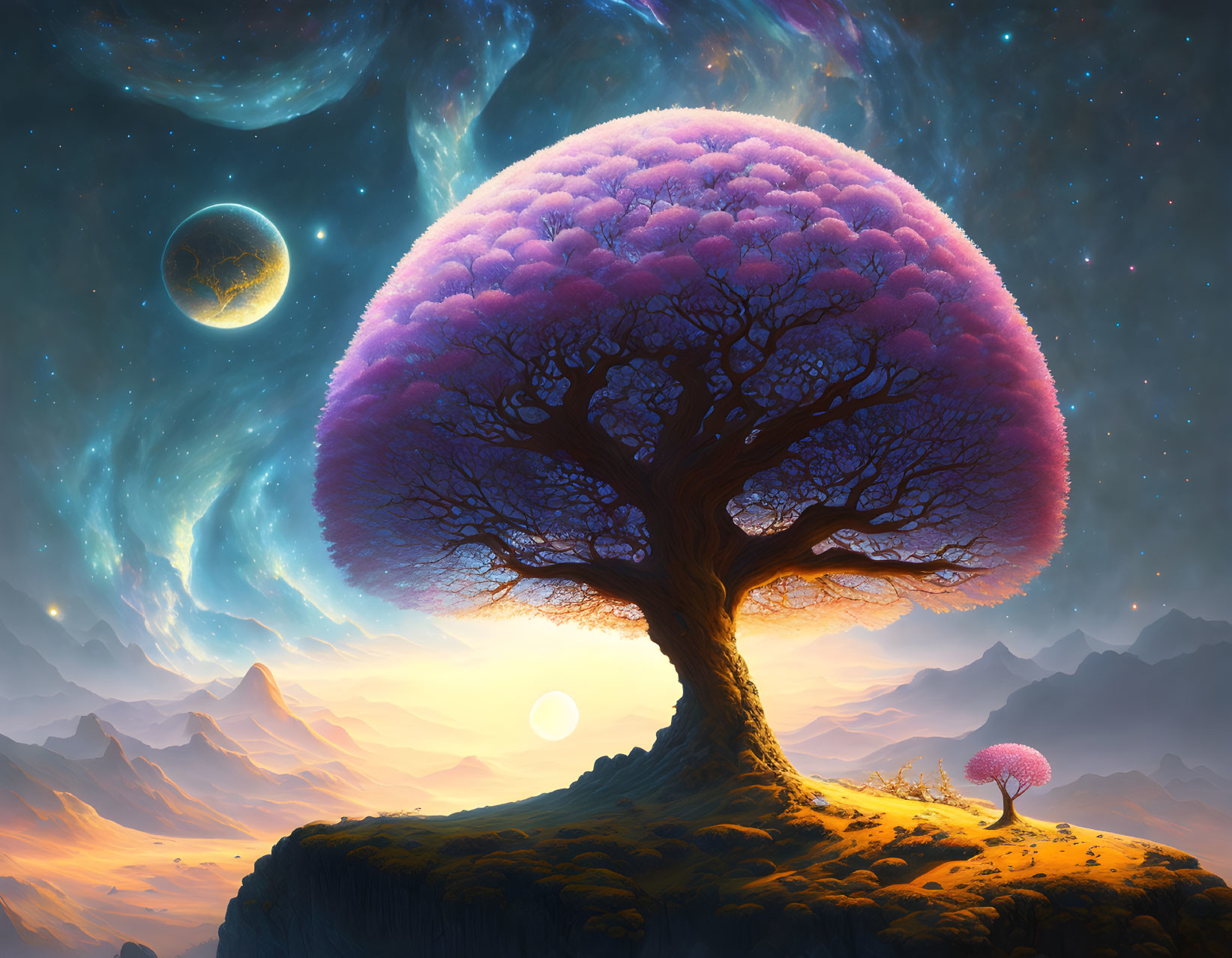 Fantastical landscape with giant pink tree, starry sky, planets, mountains, and distant tree