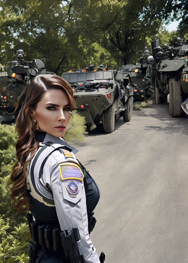 Police woman in uniform with badge and radio in front of armored convoy on tree-lined road