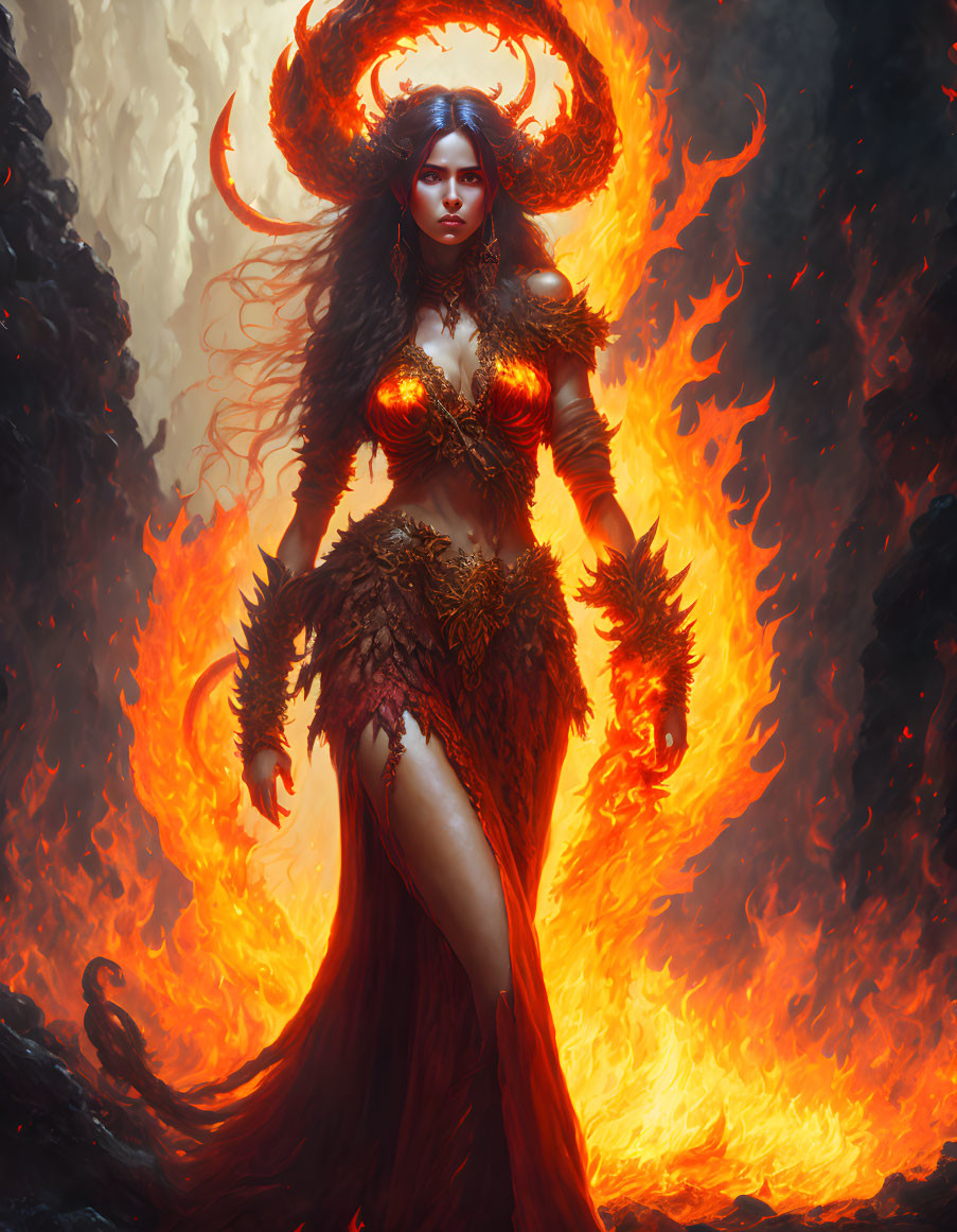 Fantasy female character with horns in red and gold armor amid flames