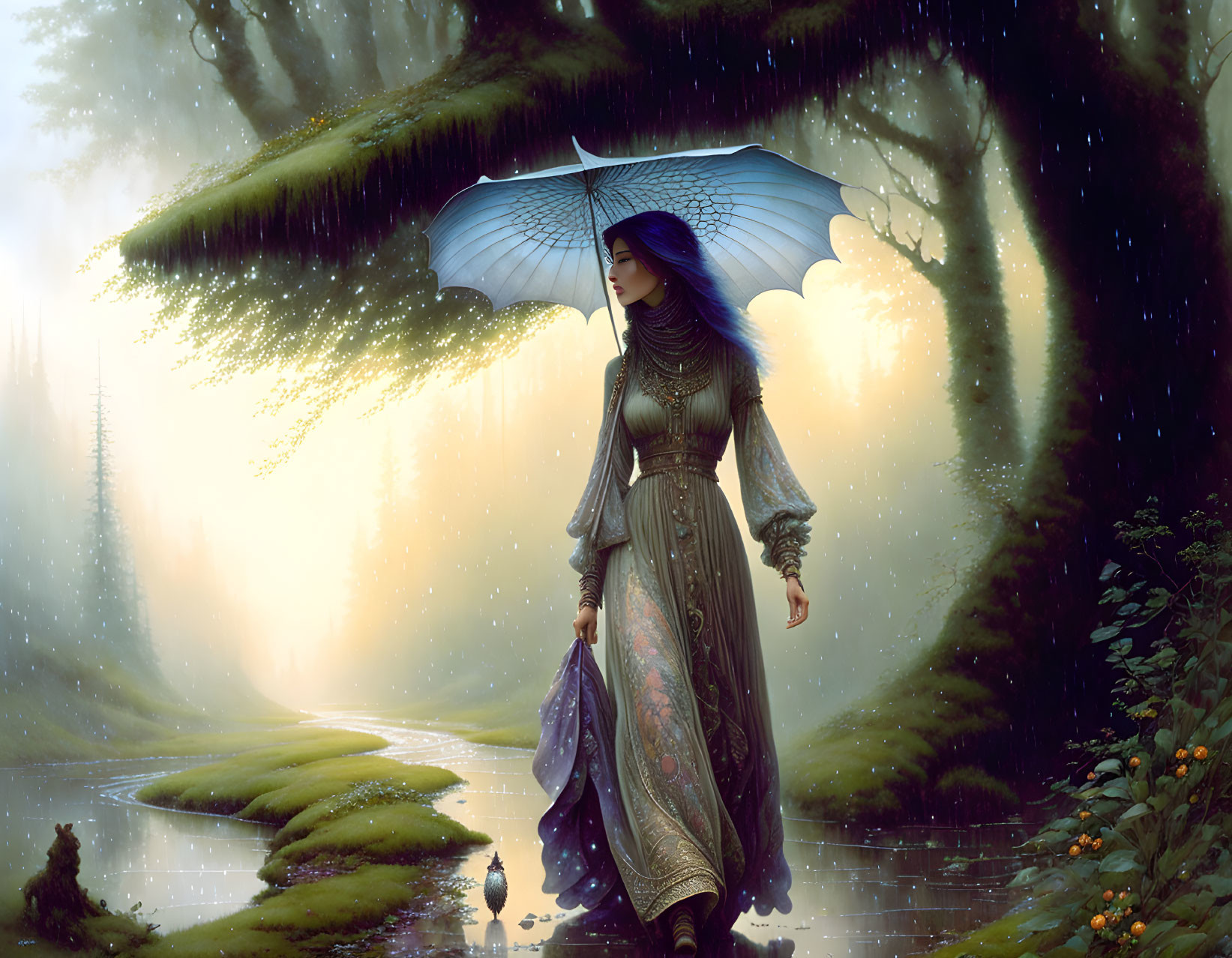 Blue-haired woman with butterfly umbrella in mystical forest.