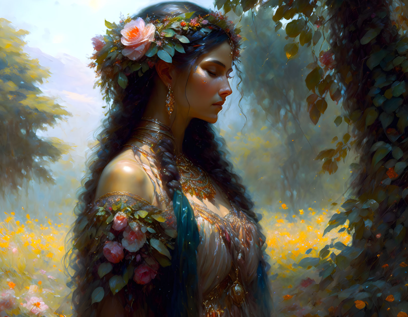 Woman in floral headpiece surrounded by blossoms in sunlit forest.