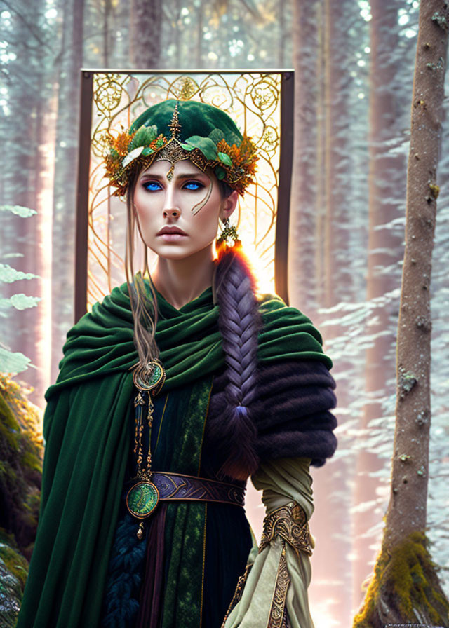 Mystical woman with braided ponytail in green cloak and golden headdress in sunlit forest