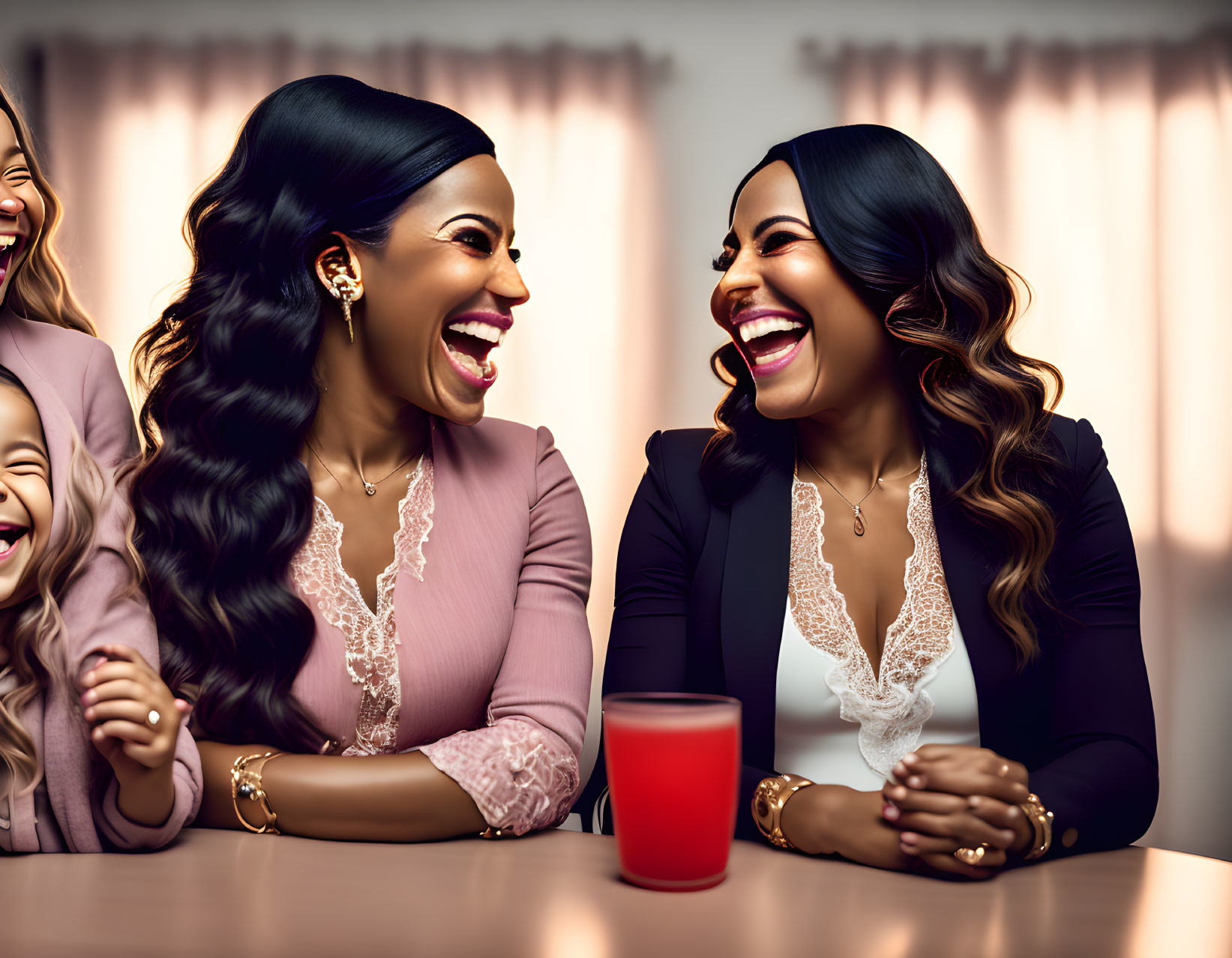 Two women and child laughing at table with red candle