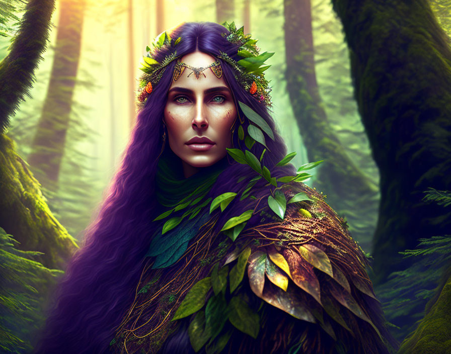 Mystical woman with purple hair in enchanted forest setting