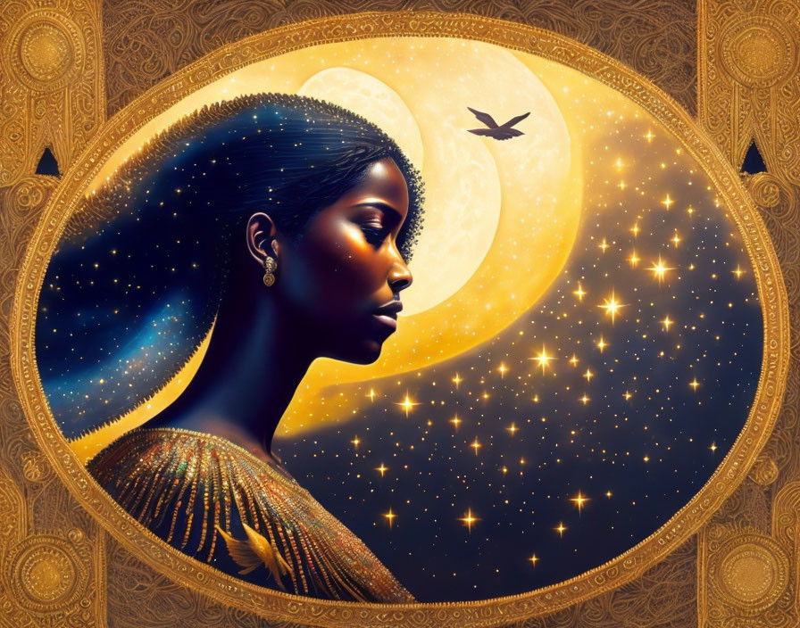 Woman's profile with ornate mystical background featuring full moon, stars, and bird