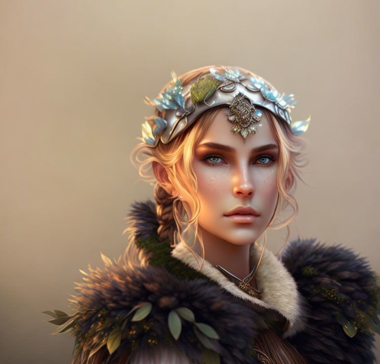 Fantasy female character with blue eyes, floral crown, fur mantle, and intricate jewelry.