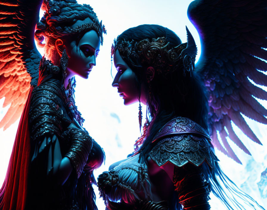 Fantasy figures with wings in dramatic blue and red light