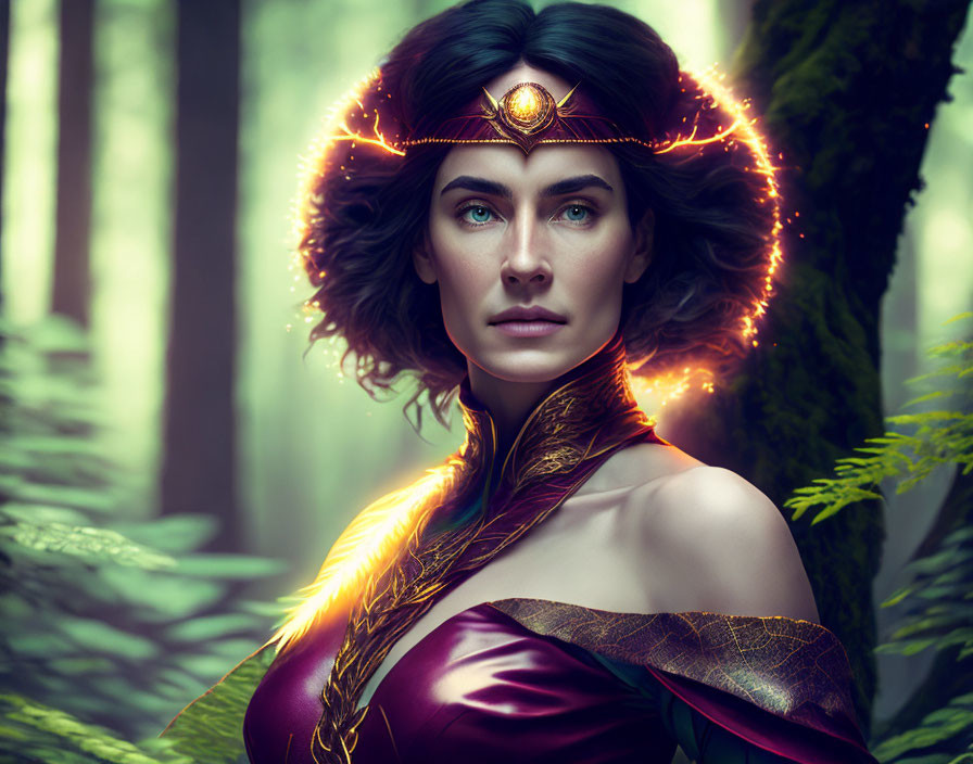 Mystical woman with glowing headgear in lush forest