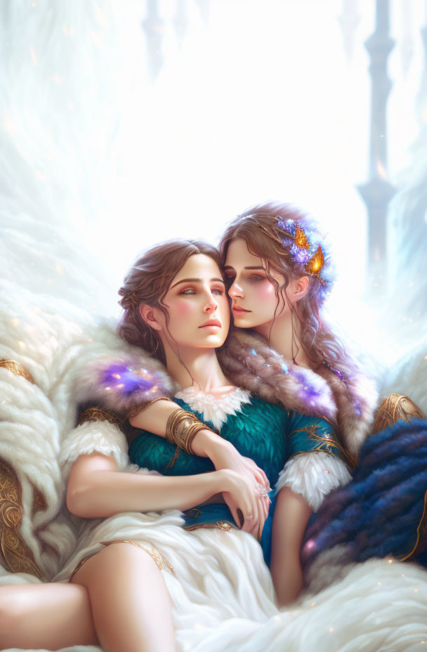 Two women in elegant dresses embracing in a fantasy setting