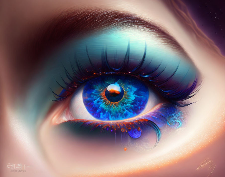 Detailed surreal blue eye illustration with swirling colorful patterns.