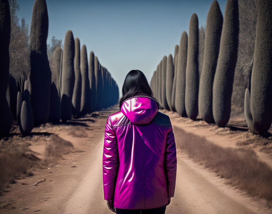 Person in purple jacket on path surrounded by tall trees