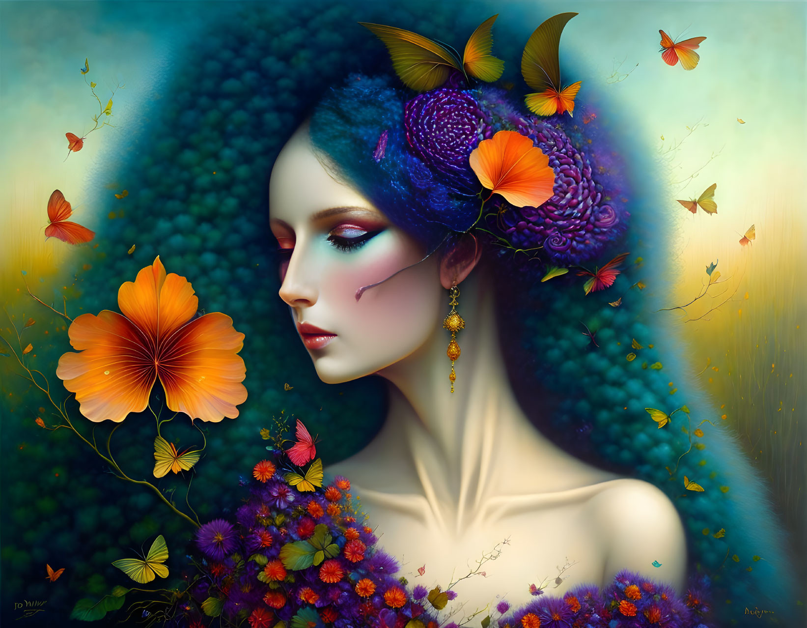 Colorful surreal portrait of a woman with flowers and butterflies