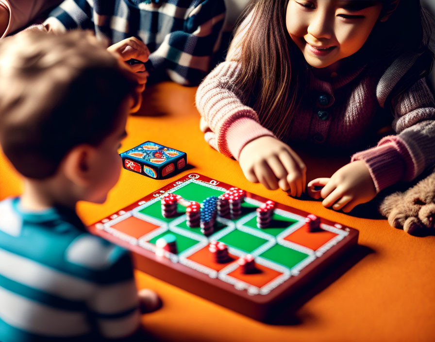 Children playing board game indoors - girl moving piece