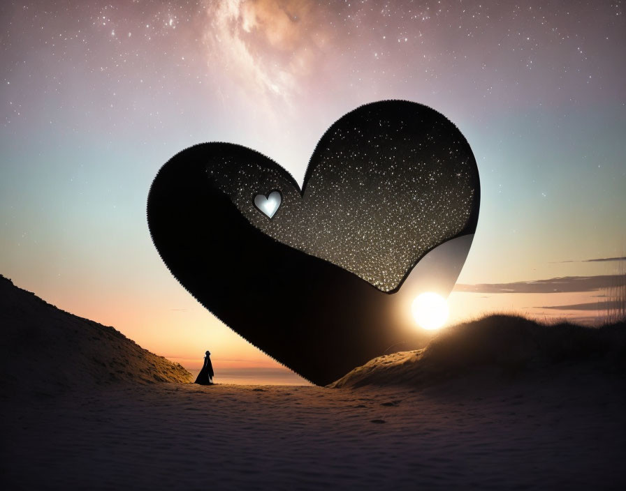 Couple on Beach at Sunset with Heart-shaped Cutout