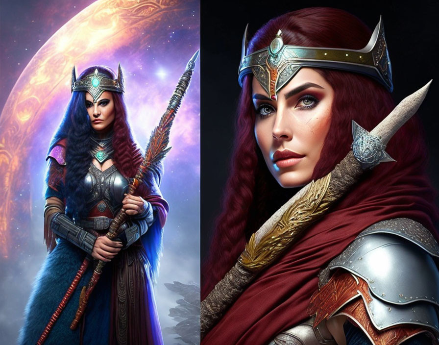 Digital art diptych of warrior woman in ornate armor against celestial backdrop