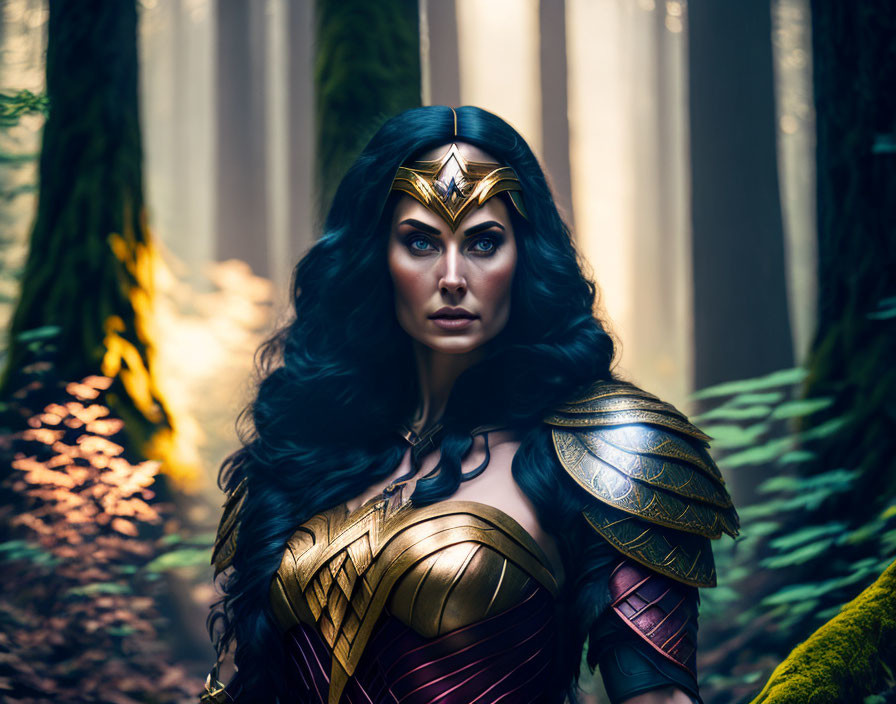 Person in Wonder Woman costume in forest with sunlight highlighting armor and intense gaze