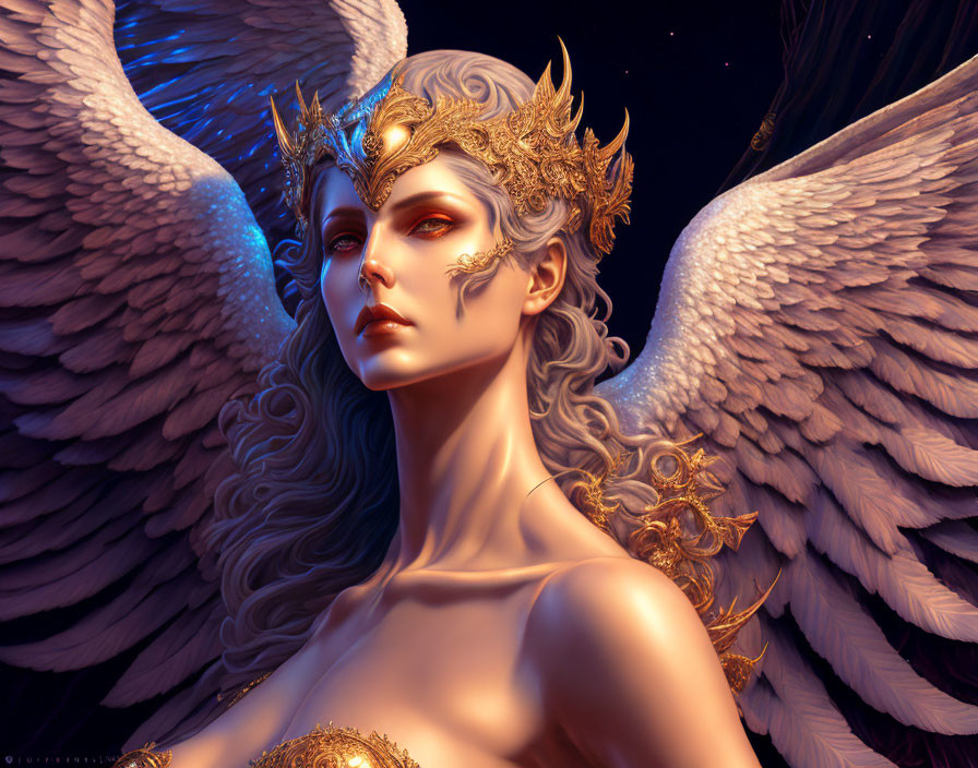 Celestial being with white wings and golden crown on dark blue background