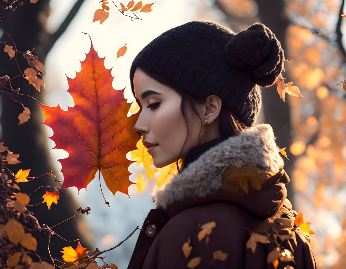 Woman in warm hat holding autumn leaf against fall foliage background