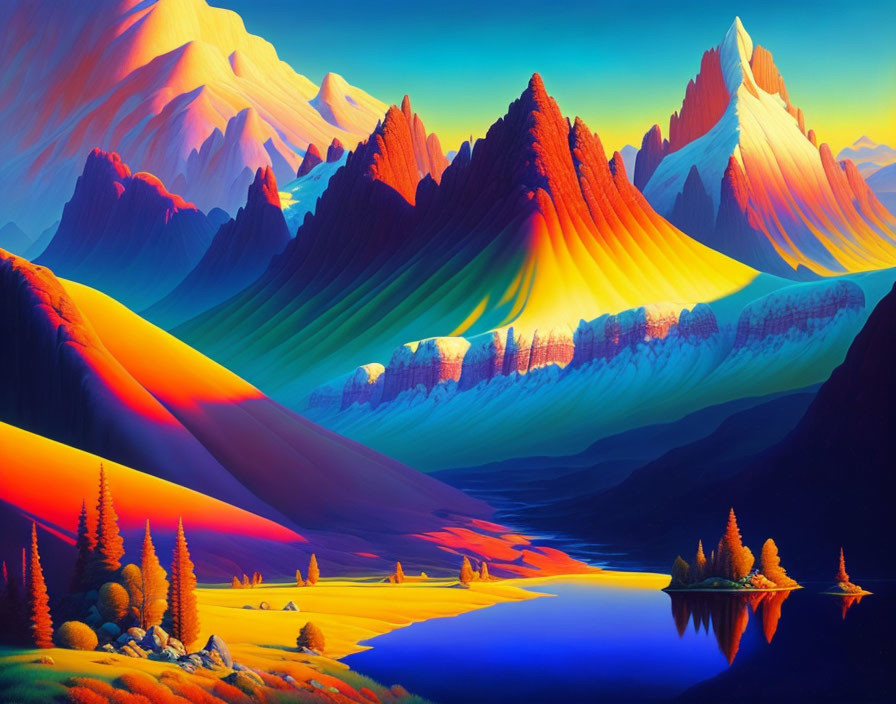 Multicolored mountains, serene lake, trees in warm sunlight