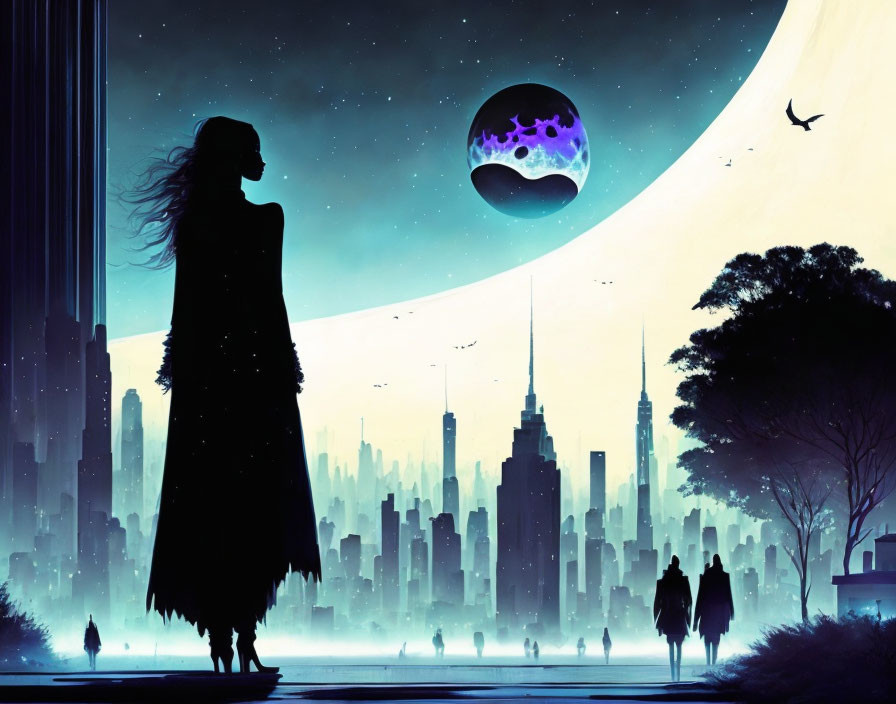 Woman silhouette overlooking futuristic city with skyscrapers, people, bird, and fantastical moon.