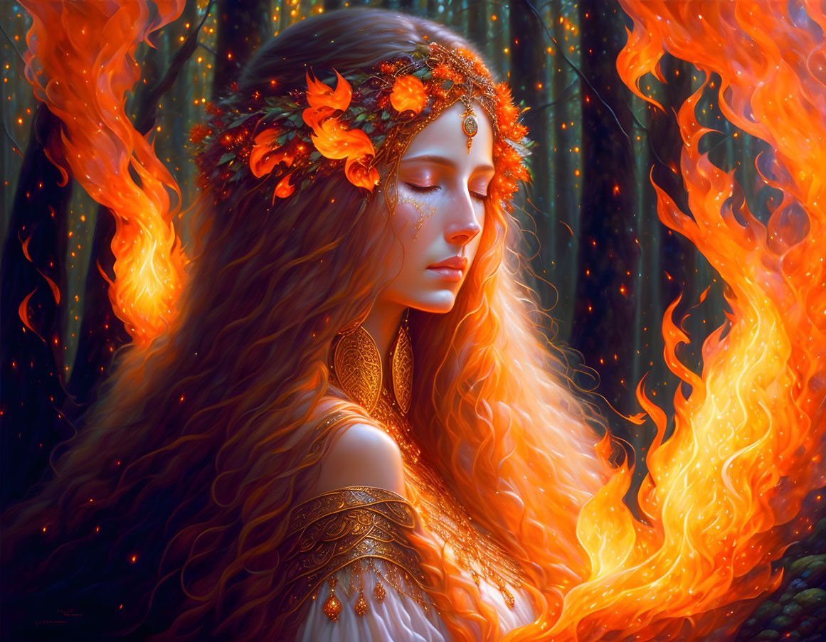 Fantasy portrait: Woman with fiery hair, autumn leaf crown, flames, and dark forest.