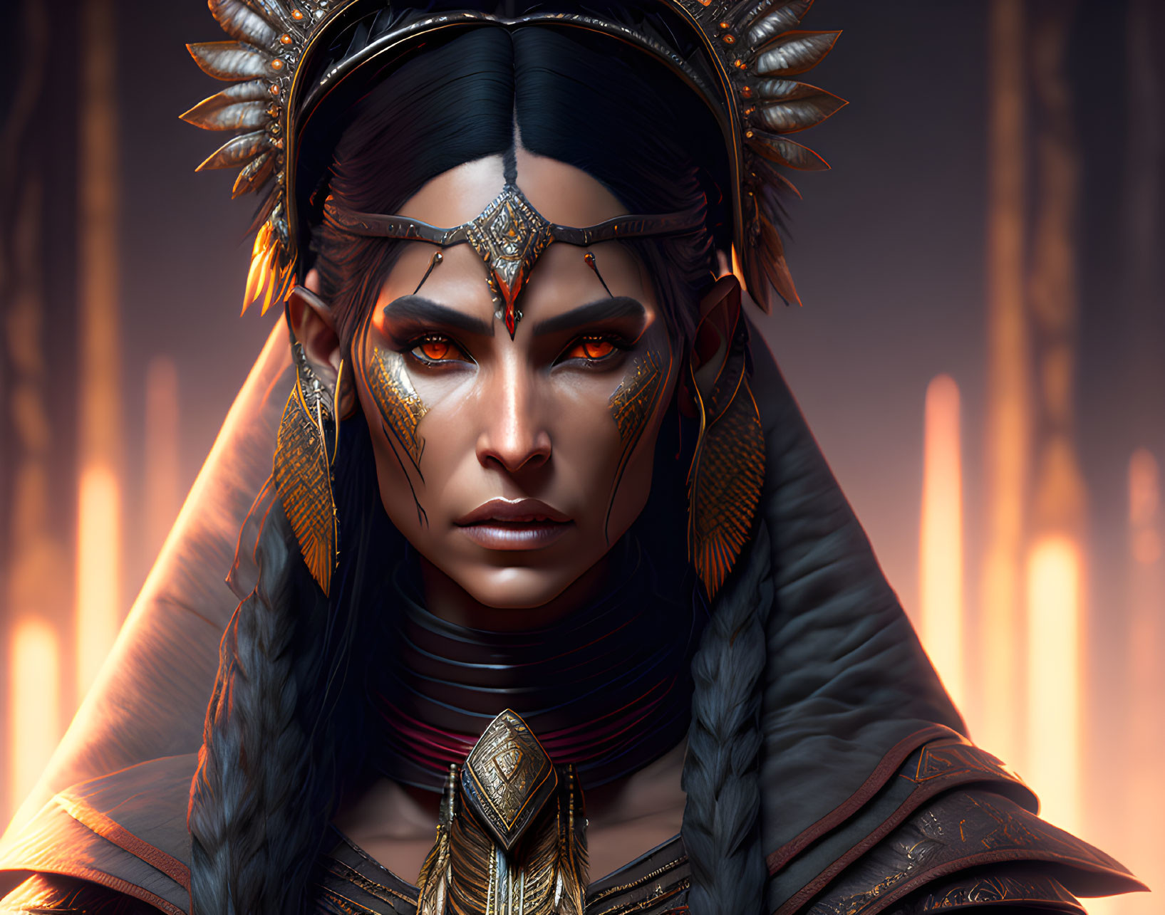 Fantasy-inspired digital artwork of a woman with golden head jewelry and fiery backdrop