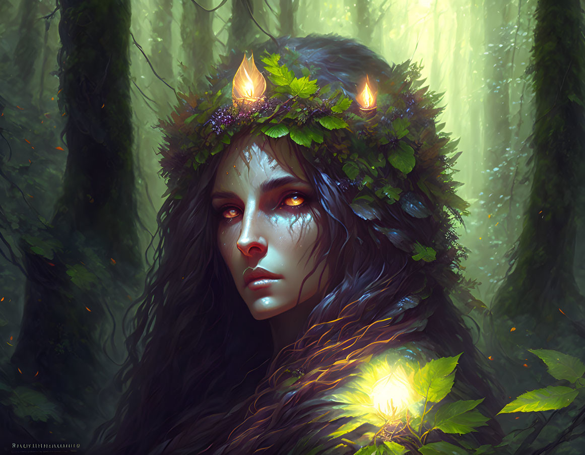 Enigmatic forest creature with leaf crown and glowing candles