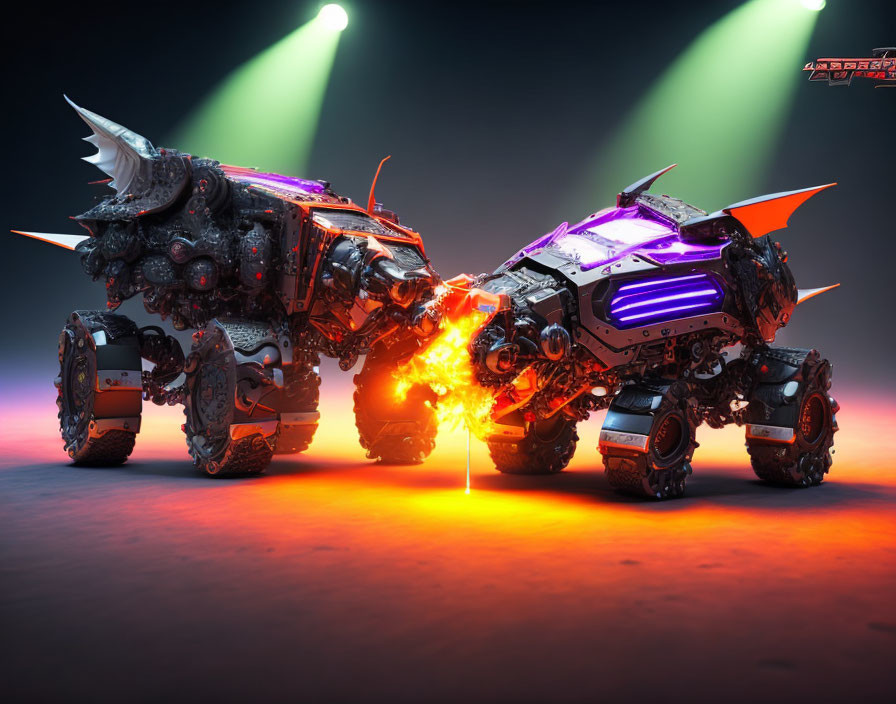 Futuristic robotic vehicles clash in combat under dramatic lighting