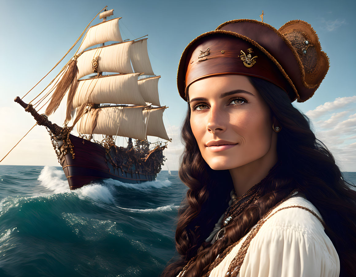 Pirate woman in tricorn hat by sailing ship