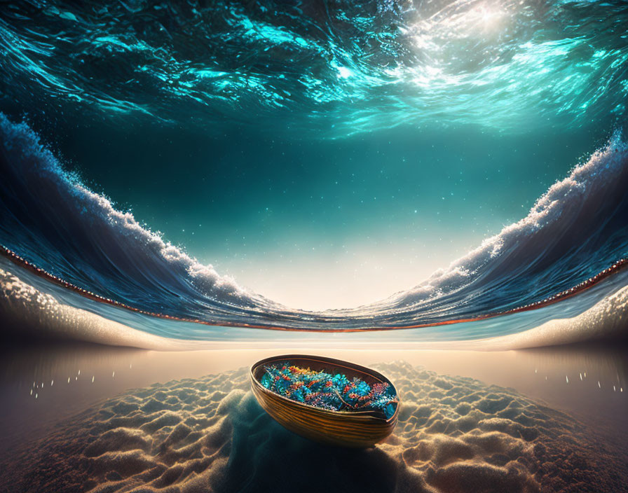 Surreal boat filled with flowers on tranquil sea under inverted aquatic landscape