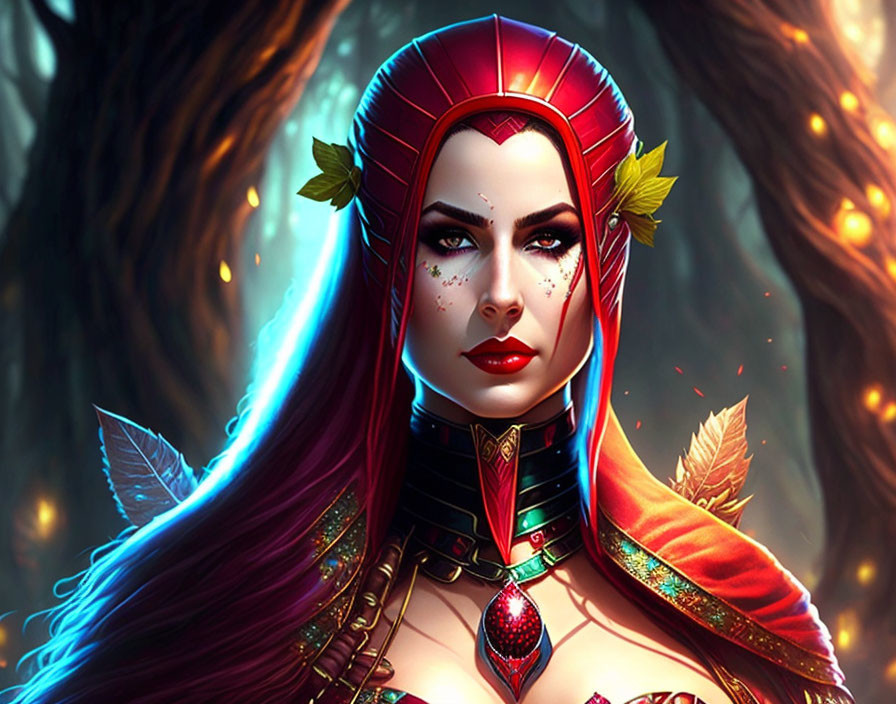 Fantasy female character with red hair, regal crown, ornate armor in mystical forest