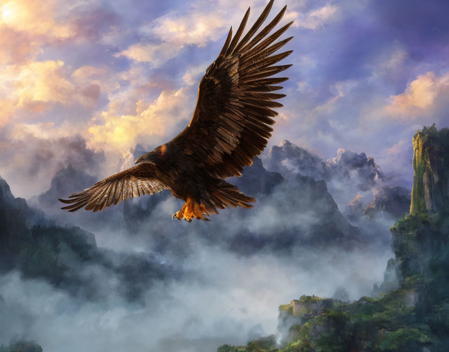 Majestic eagle flying over misty mountains at sunset