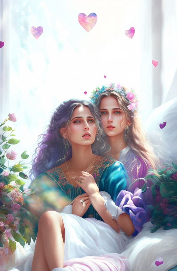 Two women in floral crowns and flowing dresses in soft-lit setting with heart-shaped petals.