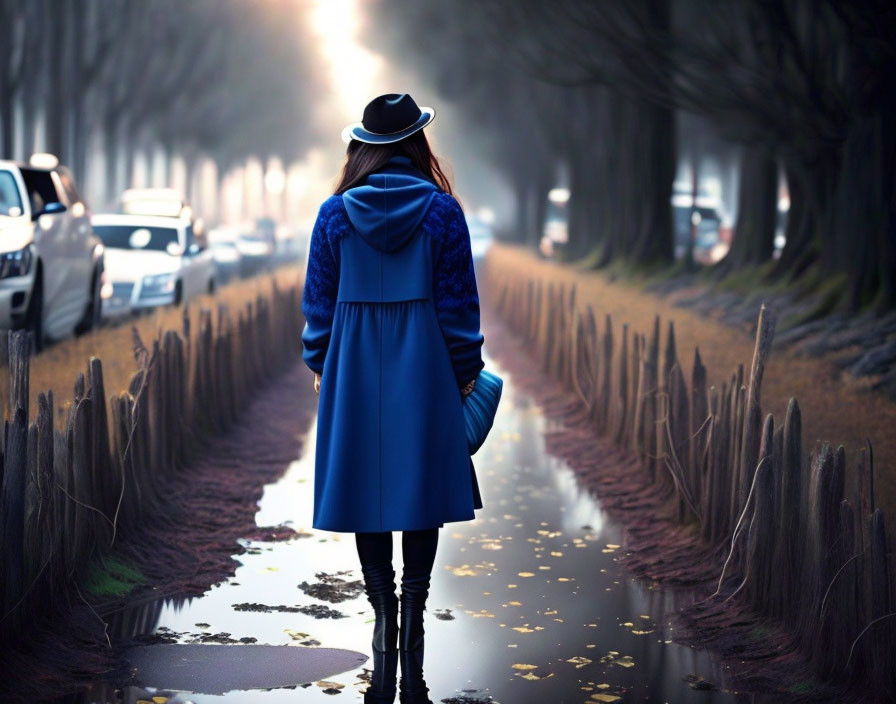 Person in Blue Coat and Hat on Puddle-Lined Path Between Trees