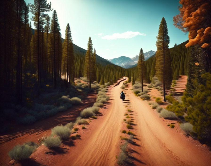 Motorcyclist Riding on Winding Dirt Road with Pine Trees and Mountains