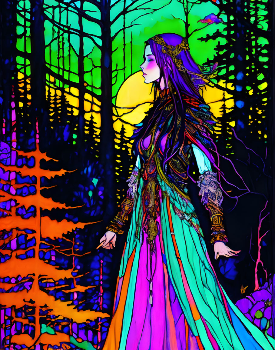 Colorful Stained Glass-Style Illustration of Medieval Woman in Forest Setting