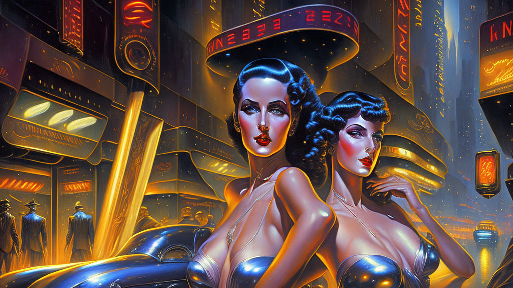 Futuristic digital artwork: Metallic-skinned female figures in neon cityscape