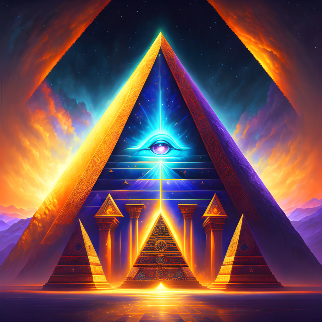 Illuminated pyramid with eye symbol against mountain backdrop