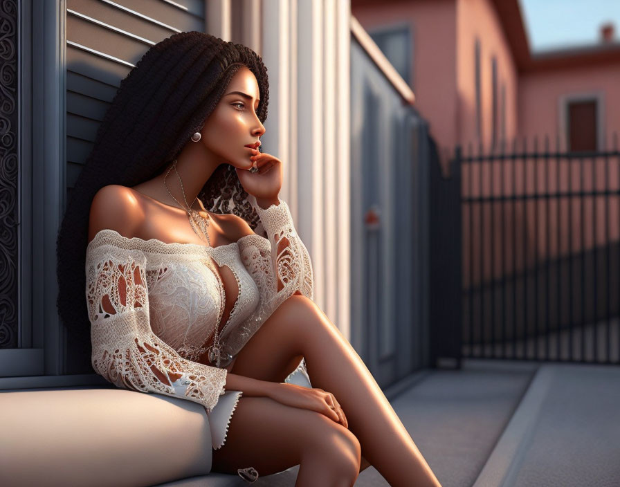 3D-rendered image: Woman with braided hair in white lace outfit on porch