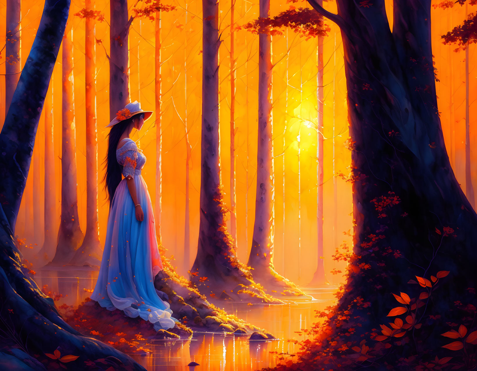 Woman in Blue Dress and Hat in Magical Autumn Forest