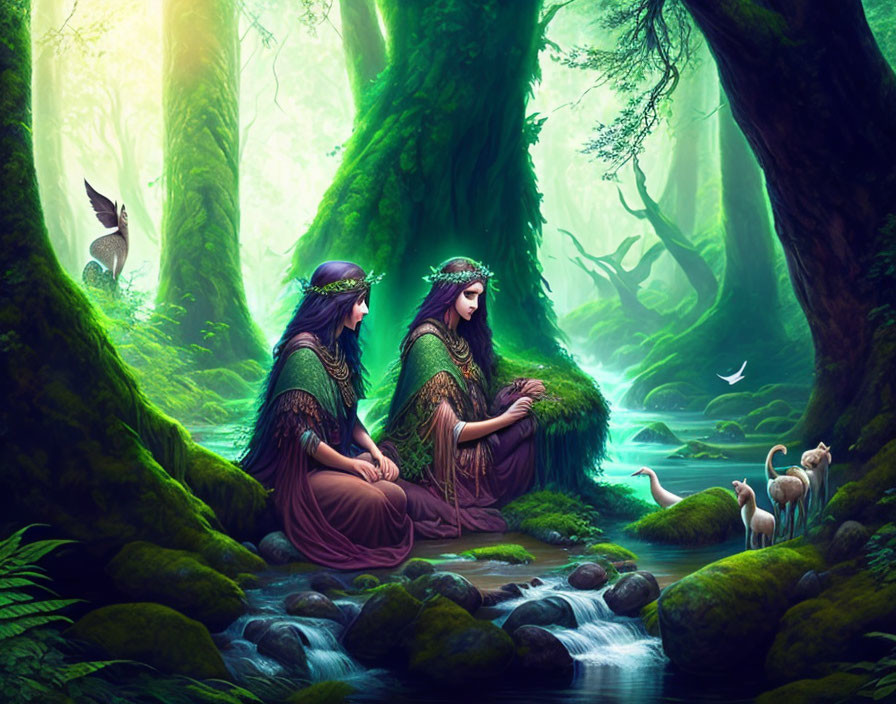 Ethereal women in flowing dresses by stream in enchanted forest