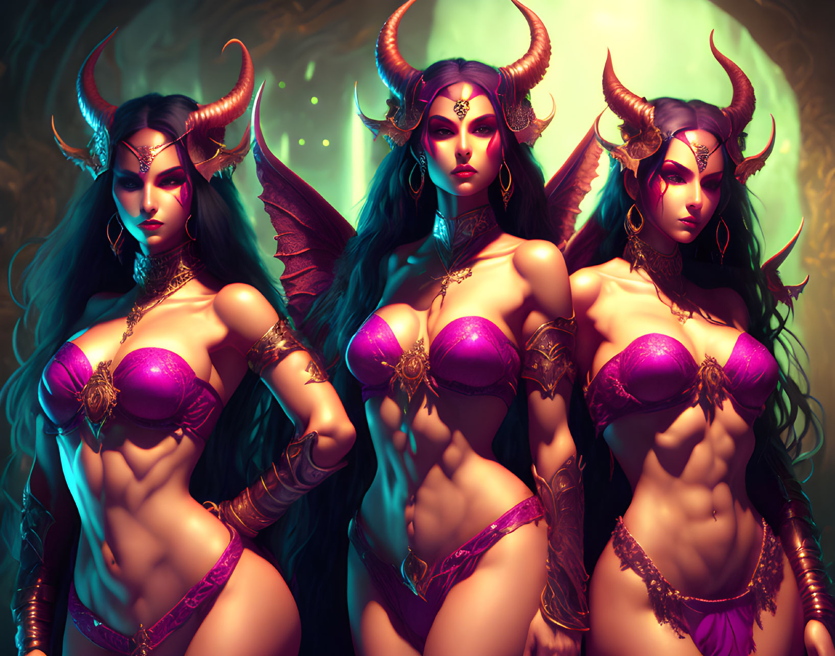 Fantasy-inspired female figures with horns and wings on green background