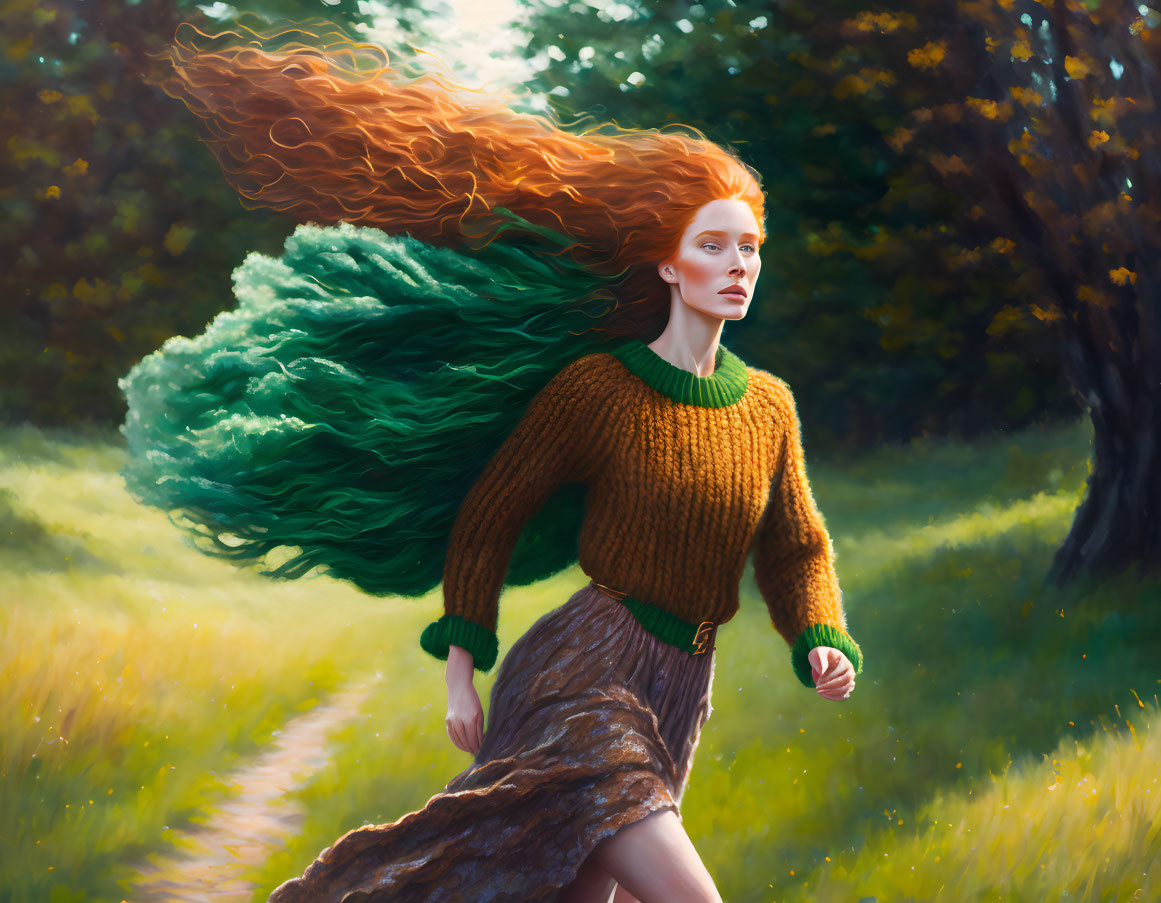 Red-Haired Woman in Green Scarf Walking in Sunlit Meadow