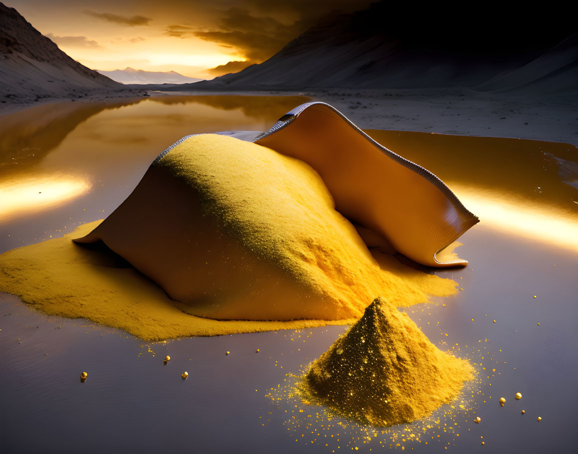 Ethereal desert landscape: golden sand dunes, dramatic sunset sky, serene water.