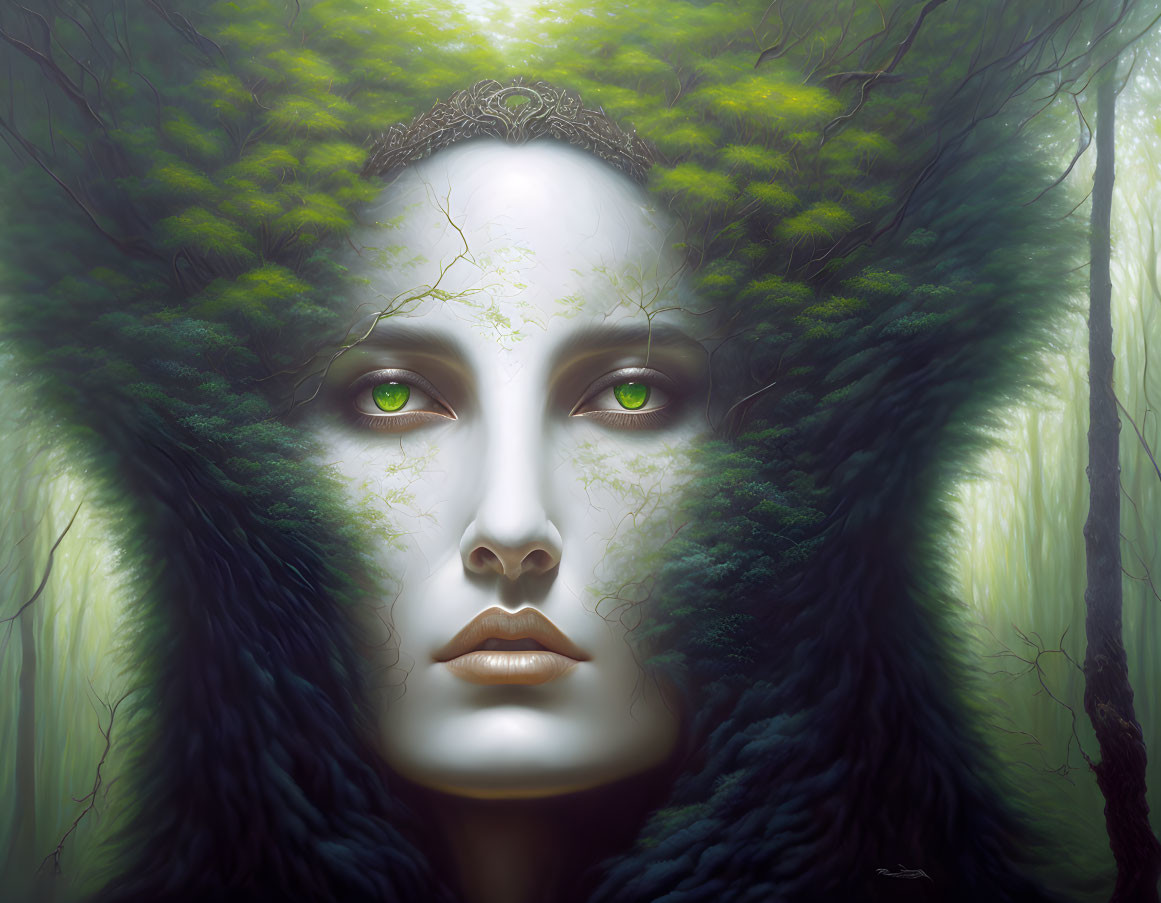 Female figure with green eyes merging into forest landscape - mystical portrait.