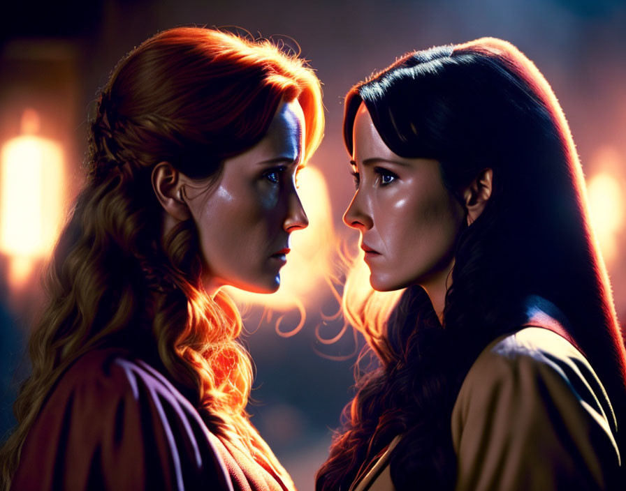 Intense expressions of two women under dramatic lighting contrast hair colors.