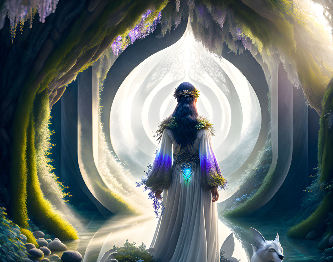 Woman in mystical forest with glowing flora and white fox near circular portal