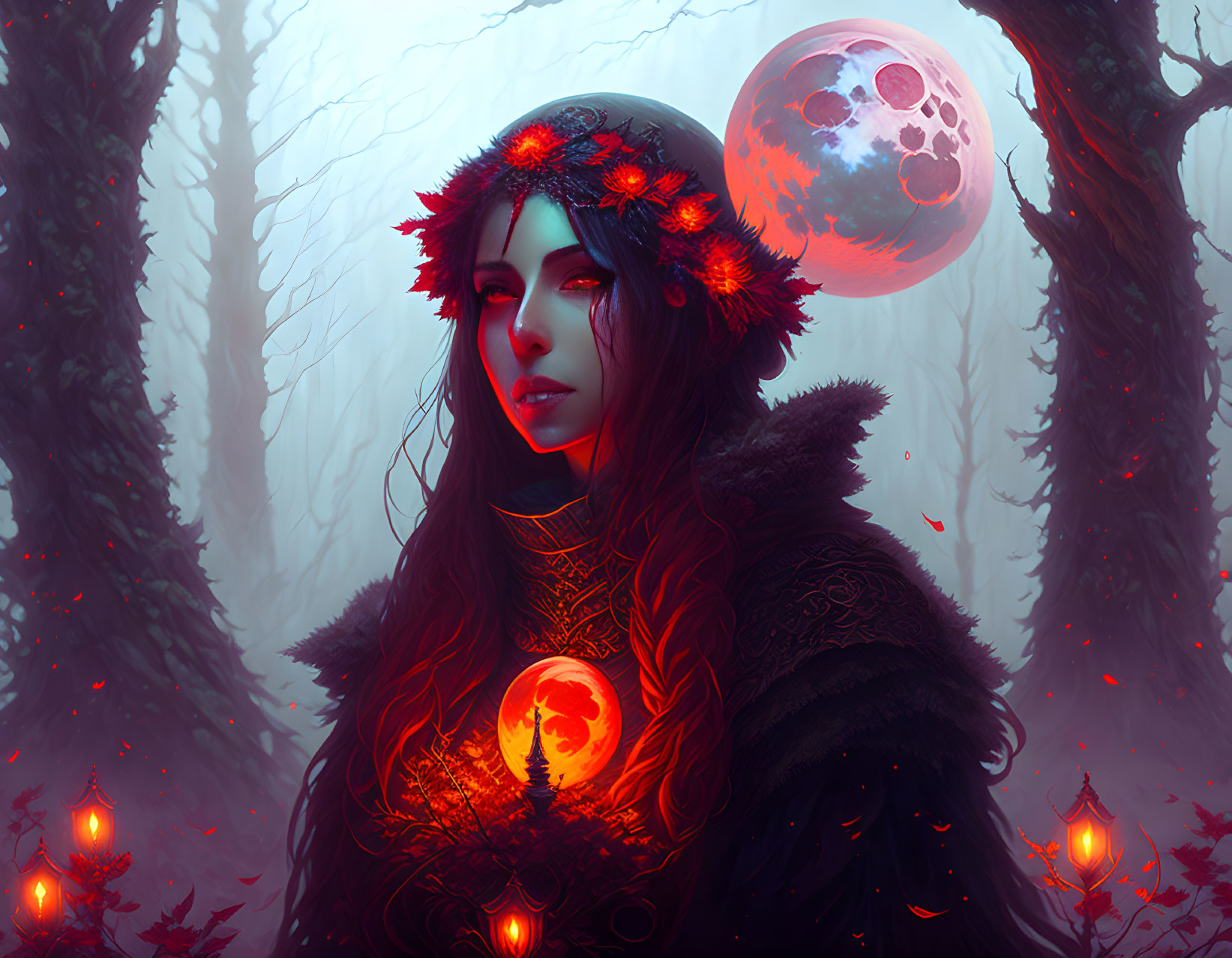 Mystical woman in crimson forest with wreath and glowing orb under large moon